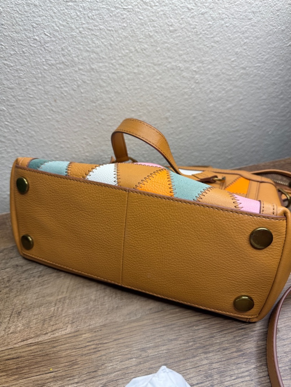 ✨👜Fossil Jacquline Eco Leather Satchel with Pink, Orange, Patchwork 🌿🔥 - Picture 7 of 9